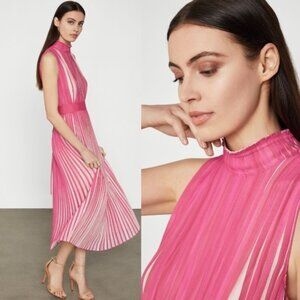NWT BCBGMaxAzria Mock Neck Pleated Belted Midi Dress Size M Ibis Rose